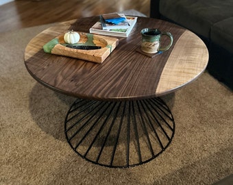 Coffee Table | Bastogne Walnut & Hand Forged Steel Spiral Base | Living Room Decor | Wood Furniture| Valentine's Day