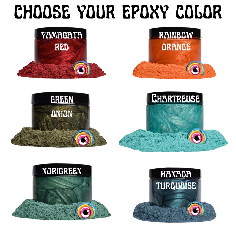 May include: Six jars of epoxy resin pigment powder in various colors. The colors are Yamagata Red, Rainbow Orange, Green Onion, Chartreuse, Nori Green, and Hanada Turquoise.