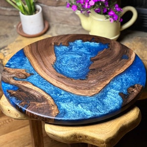 Personalized Walnut & Blue Epoxy Lazy Susan | Free Engraving | Wedding Gift