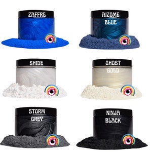 May include: Six jars of mica powder, each with a different color and name. The colors are: Zaffre (blue), Aizome Blue (teal), Shide (white), Ghost Gold (gold), Storm Grey (grey), and Ninja Black (black).