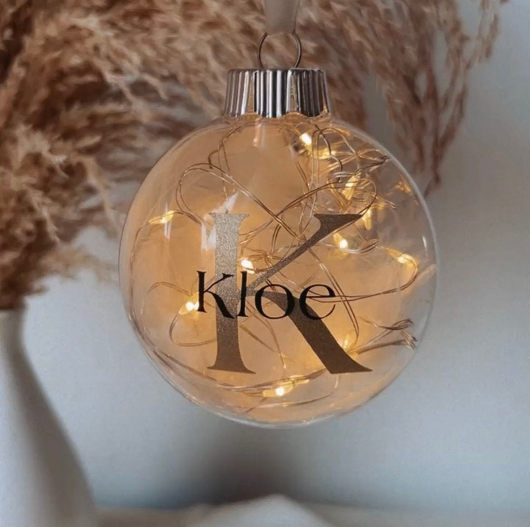 Personalized Lighted Christmas Ornament Filled With White Feathers