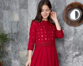 mirror work in kurti neck