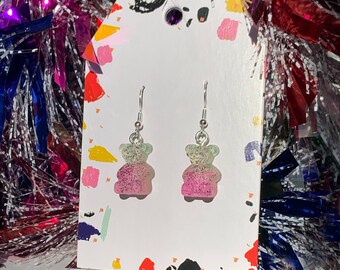 Gummy Bear Earrings - Watermelon. Black Sparkles Green And Pink Resin #19