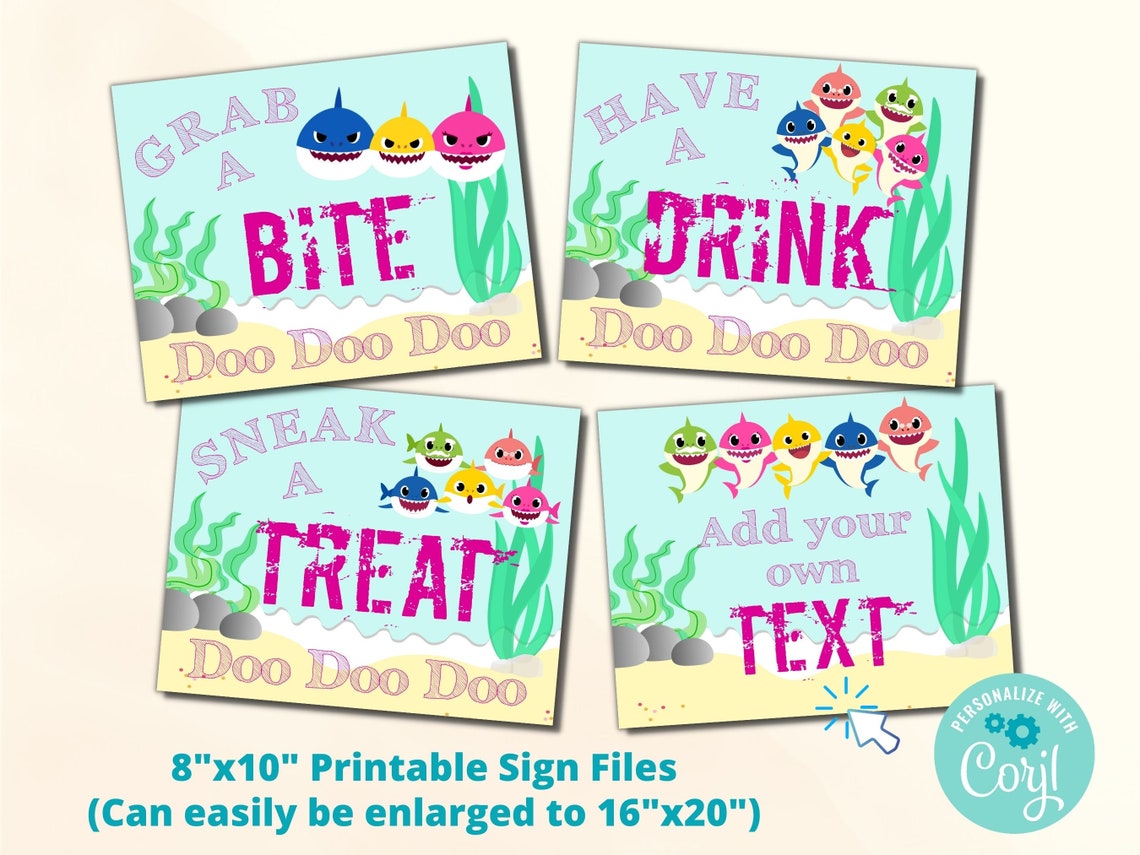 Printable Baby Shark Food & Drink Signs Pink Baby Shark Editable Sign ...