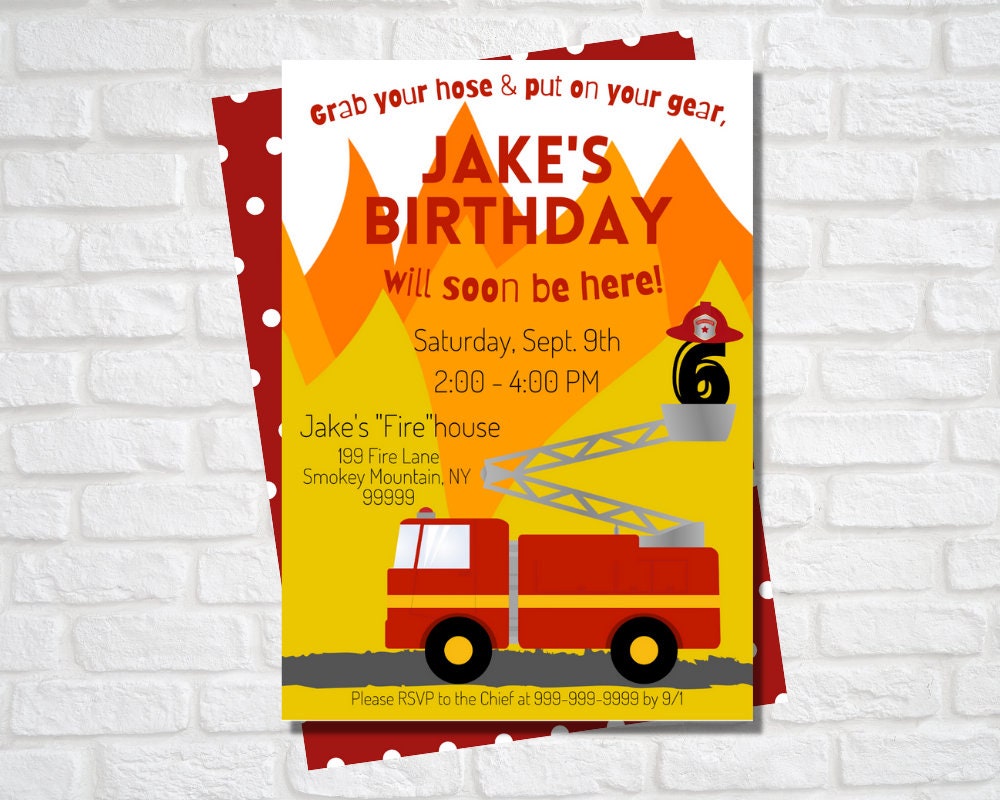 Firefighter Birthday Party Invitation Fireman Birthday Invitation