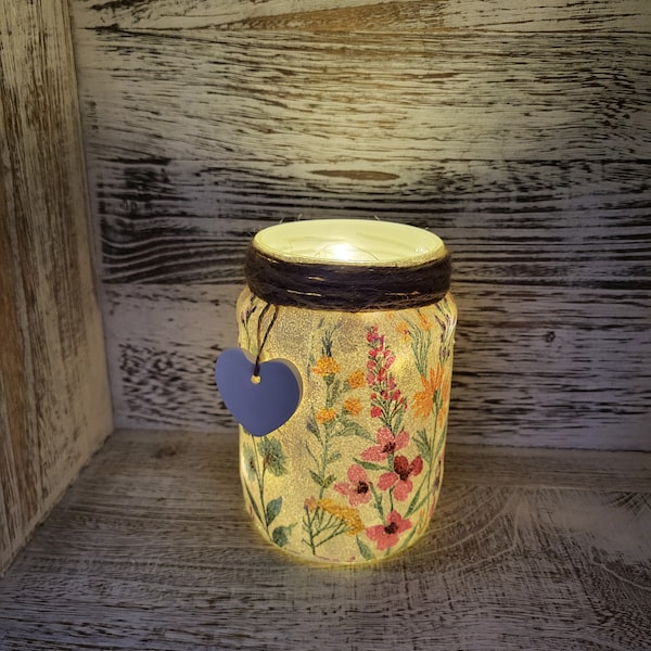 Decoupage Wildflower Lantern - Light Jar - flowers  - Gifts - Decoupage - Recycled glass Jar - Nightlight - Fairy lights - Rustic