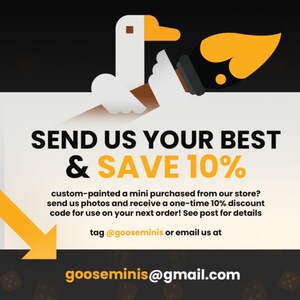 May include: A white goose holding a paintbrush with a yellow flame tip. The goose is holding a sign that says "SEND US YOUR BEST & SAVE 10%". The sign also includes the text "custom-painted a mini purchased from our store? send us photos and receive a one-time 10% discount code for use on your next order! See post for details tag @gooseminis or email us at gooseminis@gmail.com".