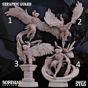 May include: Four unpainted Seraphic Guard figurines are displayed. Each figure has feathered wings, a humanoid torso, and bird-like legs. The figures are in different poses, some on pedestals or swirling bases. The text "SERAPHIC GUARD" is at the top of the image.