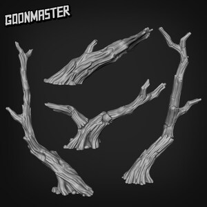 May include: A collection of gray, stylized tree branches, each with a textured bark appearance. The branches vary in shape and size, some with multiple offshoots. The word "GOONMASTER" is printed in white, angled across the top left corner.