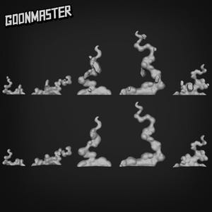 May include: A collection of stylized, gray smoke or cloud formations against a dark background. The forms vary in size and shape, some with jagged edges, and are arranged in two rows. The text "GOONMASTER" is in the upper left corner.