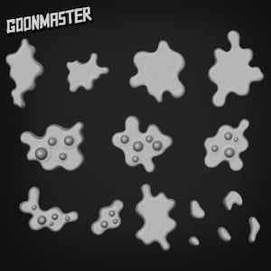 Peut inclure: Plusieurs formes grises en forme de goutte, de tailles et de textures variées, sur fond noir. Certaines formes présentent de petits détails sphériques. Le mot "GOONMASTER" est affiché en gras et en style en haut.