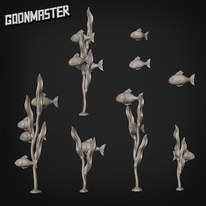 May include: A set of grey miniature fish and seaweed sculptures. The fish are detailed with fins and scales, and the seaweed has a flowing, organic shape. The text "GOONMASTER" is in the upper left corner.