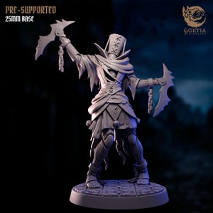 May include: A detailed miniature figure of a character with a grim reaper aesthetic. The figure is holding two scythe-like weapons and is wearing tattered clothing. The base is 25mm. The text "PRE-SUPPORTED" and "25mm BASE" is visible.