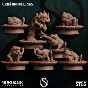 May include: A selection of brown Grim Broodlings miniatures, each with a distinct pose and expression. The miniatures are mounted on a base resembling a lily pad. The text "GRIM BROODLINGS" is at the top of the image.