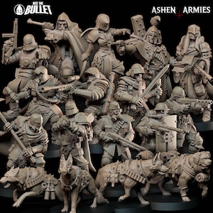 May include: A group of miniature figurines of soldiers and war dogs, in a muted brown colour scheme. The figures are armed with rifles, swords, and shields. The text "Ashen Armies" is visible. The miniatures are highly detailed.