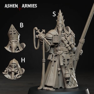 May include: A detailed, grey miniature figure of a character from the "Ashen Armies" series. The figure is wearing a gas mask, a tall hat with a cross, and a long robe. It is holding a staff and a rifle.