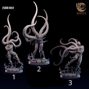 May include: Three miniature figures of monstrous creatures with multiple tentacles and humanoid bodies. Each figure is posed on a circular base with a distressed, cage-like structure. The figures are in shades of gray and are labeled with numbers.
