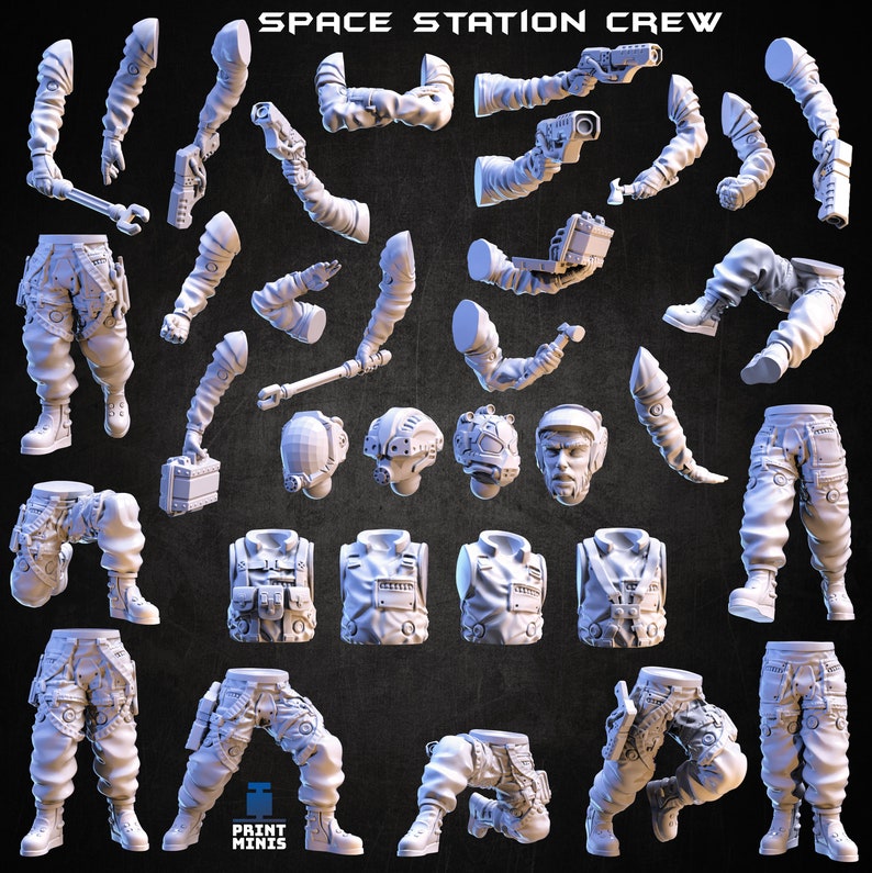 May include: A set of 3D printed miniature figures depicting a space station crew. The figures are in various poses and include different body parts, such as legs, arms, torsos, and heads. The figures are all in a white plastic material.