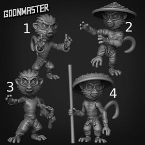 May include: Four detailed, grayscale monkey figurines in various martial arts poses. One monkey is in a fighting stance, another wears a hat and traditional clothing, a third holds nunchucks, and the last holds a staff. The word "GOONMASTER" is at the top.