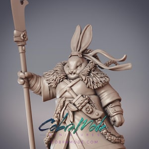 May include: A detailed figurine of a rabbit warrior, holding a spear. The rabbit is dressed in ornate armour with a fur collar and a sword at its side. The figurine has the text "CobraMode" and "cobramode.com" on it.