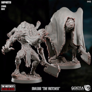 Puede incluir: Dos figuras en miniatura grises detalladas de Molnir "The Butcher" de The Butcher's Dominion. Una figura es un humanoide grotesco con una gran cuchilla, la otra está cubierta. La base es de 25 mm. El logotipo de Goetia Miniatures es visible.