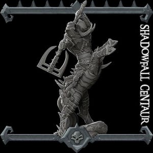 May include: A gray, detailed figurine of a centaur warrior in armor, wielding a double-bladed axe. The figure has horns and spikes, with the text "SHADOWFALL CENTAUR" on the side. The base features a skull emblem.