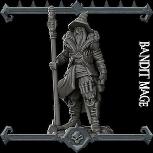 May include: A detailed 3D-printed figurine of a bandit mage, holding a staff. The figure wears a hat, long coat, and is equipped with pouches and a sidearm. The base features a skull emblem, and the text "BANDIT MAGE" is visible.