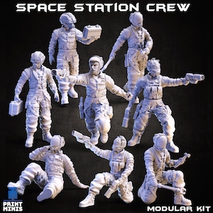 May include: A set of 3D printed miniature figures depicting a space station crew. The figures are in various poses and are wearing futuristic space suits. The figures are printed in a light gray color and are ready to be painted.