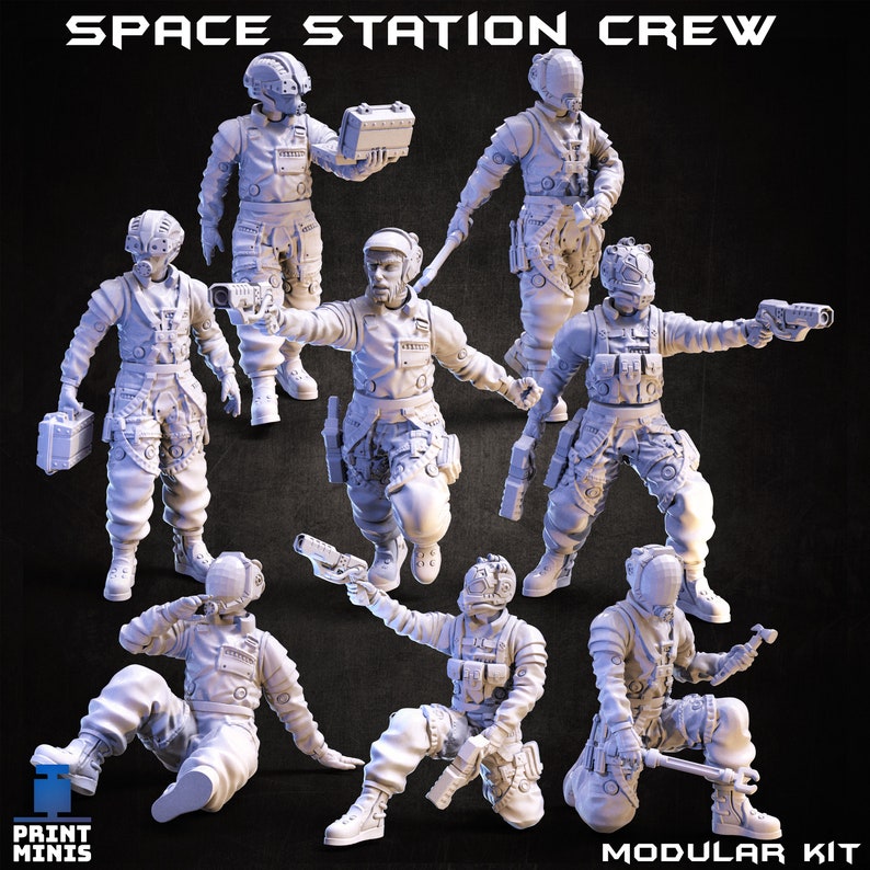 May include: A set of 3D printed miniature figures depicting a space station crew. The figures are in various poses and are wearing futuristic space suits. The figures are printed in a light gray color and are ready to be painted.