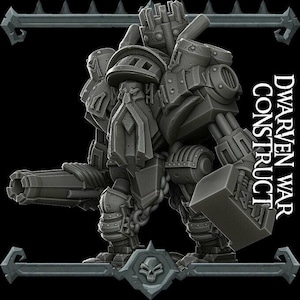 May include: A detailed, gray Dwarven War Construct model, featuring a large cannon, a hammer, and intricate armor plating. The model has a mechanical design with visible rivets and chains. The text "DWARVEN WAR CONSTRUCT" is visible on the side.