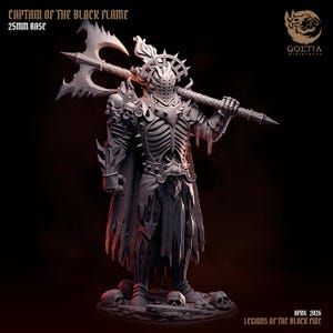 May include: A detailed miniature figure of a skeletal warrior, holding a large axe. The figure is clad in armor and a tattered cape, with skulls adorning the shoulders and base. Text reads "CAPTAIN OF THE BLACK FLAME" and "25MM BASE".