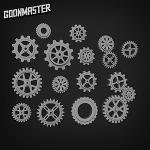 May include: A collection of gray gear-shaped objects of various sizes against a black background. The word "GOONMASTER" is printed in white at the top left corner. The gears have different spoke designs and are arranged in a scattered pattern.