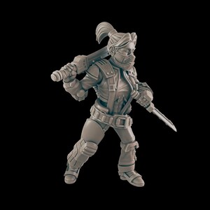 May include: A gray figurine of a futuristic warrior, holding a large sword over their shoulder and a smaller blade in their other hand. The warrior wears a helmet, jacket, and protective gear. The figure is posed against a black background.
