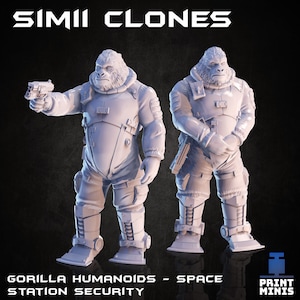 May include: Two gray, humanoid gorilla figures wearing futuristic space suits and holding weapons. The figures are standing on a black background. The text "SIMII CLONES" is at the top of the image. The text "GORILLA HUMANOIDS - SPACE STATION SECURITY" is at the bottom of the image.