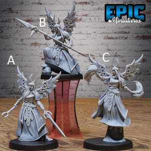 May include: Three gray miniature figurines of winged female warriors. Each figure is in a dynamic pose, holding weapons such as a spear and sword. The figurines have detailed armor and flowing robes. The Epic Miniatures logo is visible in the background.