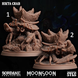 Peut inclure: Deux figurines de crabe marron détaillées avec des surfaces texturées et des motifs complexes. Chaque crabe a de grandes pinces et est posé sur une base rocheuse. Le texte "HIKTA CRAB" est en haut.