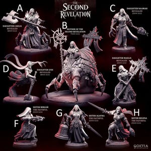 May include: A collection of eight grey fantasy miniature figures labelled A through H, titled The Second Revelation. The figures include armoured characters with weapons like axes, swords, and crossbows, and a large central creature on a 75mm base.