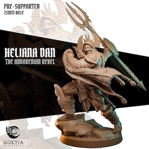 May include: A brown miniature figurine of a warrior named Heliana Van the Andorenian Rebel, wearing a winged helmet and armor, holding a trident and shield, standing on a rocky base. The text reads Pre-Supported 25mm Base and Goetia Miniatures.