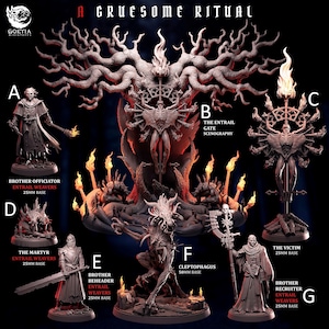May include: An image promoting Goetia Miniatures, showcasing various detailed miniature figures. The figures include a Brother Officiator, The Entrail Gate Scenography, The Victim, The Martyr, Brother Beheader, Cleptophagus, and Brother Recruiter. The figures are dark and have a fantasy theme.