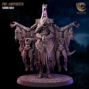May include: A detailed 3D-printed miniature of a regal figure with a crown, holding two marionettes. The figure wears a tattered cloak and military-style jacket. The base is 50mm. The text "PRE-SUPPORTED" and "50mm BASE" is visible.