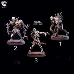 May include: Three miniature figures of grotesque creatures on circular bases. The figures are in various poses, with exposed bone structures and tattered clothing. The text "NAUSEA 25mm BASE" is displayed. The figures are numbered 1, 2, and 3.