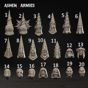 May include: Twenty grey miniature figures, each with a distinctive helmet or head covering, are displayed. The figures are numbered and labeled "ASHEN ARMIES". The designs include masks, hoods, and stylized faces, ideal for tabletop gaming or model enthusiasts.