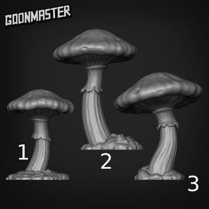 Puede incluir: Tres esculturas de hongos grises con diferentes formas de tallo y tamaños de sombrero se exhiben sobre un fondo oscuro. Cada hongo está numerado, con el texto "GOONMASTER" en la esquina superior izquierda.