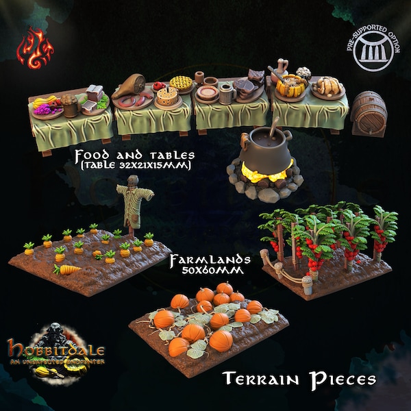 Terrain de la ferme Halfling - Fonderie du Dieu Crippled | 32mm | Gens des collines | Fête | Nourriture et tables | Terres agricoles | Citrouilles | Tomates | Carottes