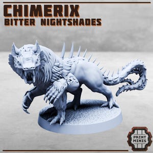 May include: A light gray figurine of a mythical creature with sharp teeth, claws, and a spiky tail. The figurine has the text "CHIMERIX BITTER NIGHTSHADES" at the top. The figurine is on a round base with the "PAINT MINIS" logo.