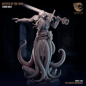 May include: A gray miniature figure of the "Keeper of the Void" with a 25mm base. The figure is a humanoid creature with a sword, armor, and tentacles. The figure is standing on a rocky base. The text "March 2026 The Cursed Orphanage" is at the bottom.