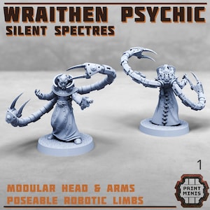 May include: Two gray Wraithien Psychic miniatures with poseable robotic limbs and modular heads and arms. The figures are standing on circular bases. The text "WRAITHEN PSYCHIC" and "SILENT SPECTRES" is displayed at the top of the image.