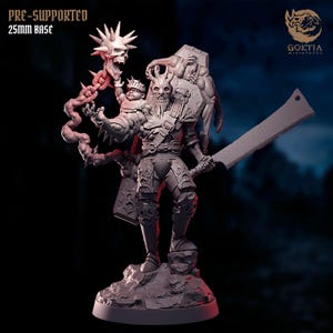 May include: A detailed miniature figure of a warrior with a large cleaver, a skull, and a baby-like figure. The figure is on a rocky base. The text "PRE-SUPPORTED 25MM BASE" is at the top left.