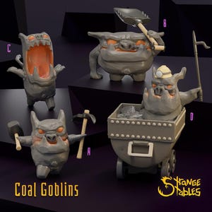 May include: Four grey Coal Goblin figurines with orange detailing. One holds a pickaxe, another a shovel, a third has a wide open mouth, and the last is in a mine cart. The text "Coal Goblins" is at the bottom.
