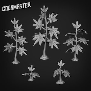 May include: A grayscale image featuring five stylized cannabis plant models. The plants have detailed, multi-lobed leaves and are set against a dark background. The text "GOONMASTER" is in the upper left corner.